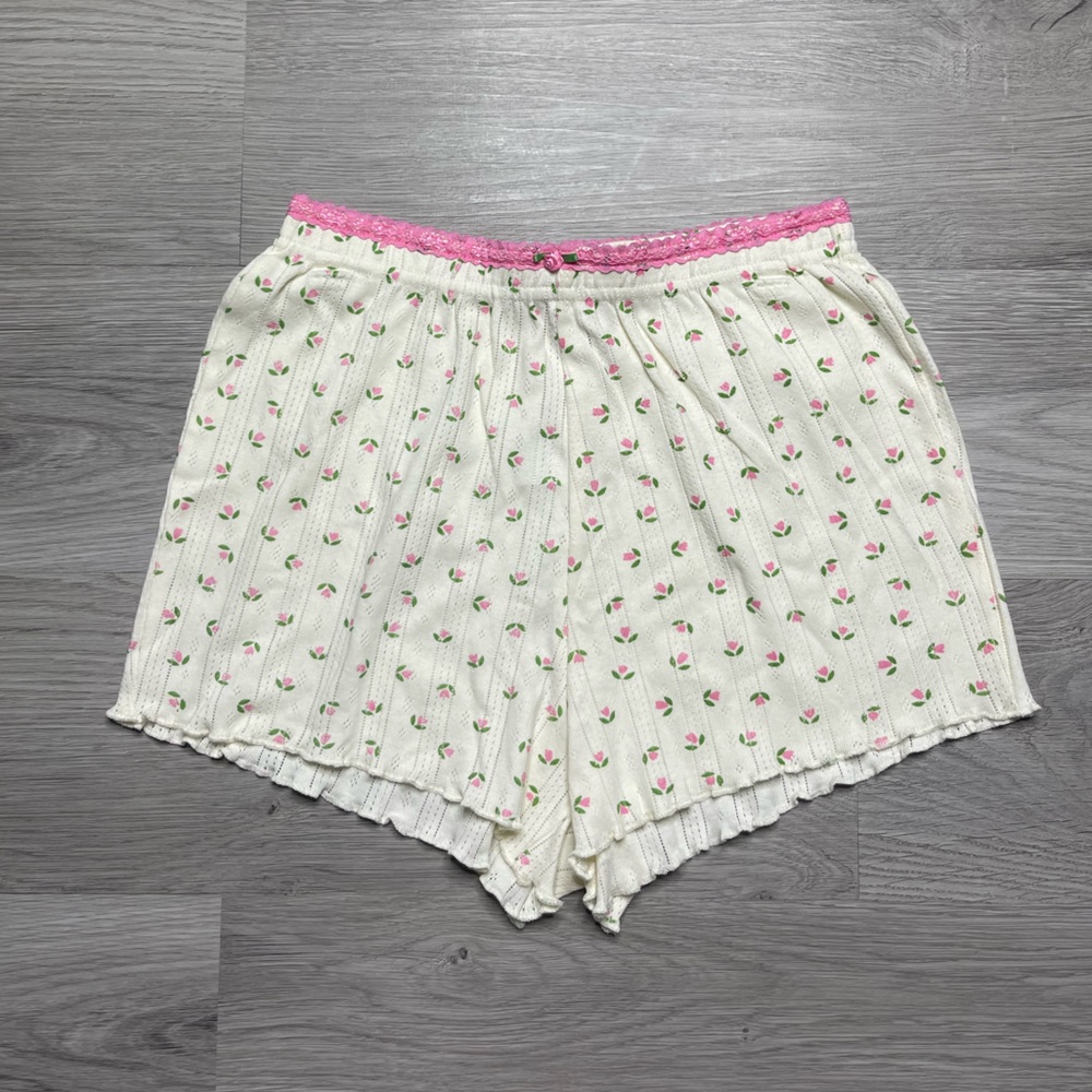 Cream and Pink Lounge Shorts with Floral Print
